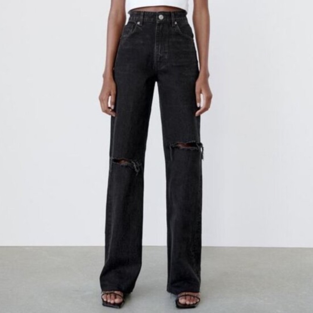 Zara | Women’s Black Distressed Straight Leg Ripped Knee Jeans, Size 12